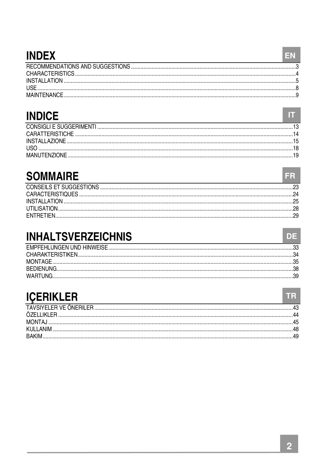 Franke Consumer Products FCR 708-H TC manual Index, Indice, Sommaire, Inhaltsverzeichnis, Içerikler 