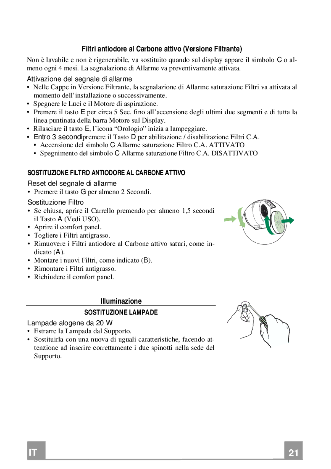 Franke Consumer Products FCR 708-H TC manual Filtri antiodore al Carbone attivo Versione Filtrante, Illuminazione 