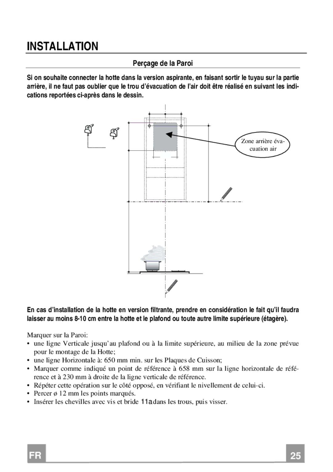 Franke Consumer Products FCR 708-H TC manual Perçage de la Paroi, Zone arrière éva Cuation air 