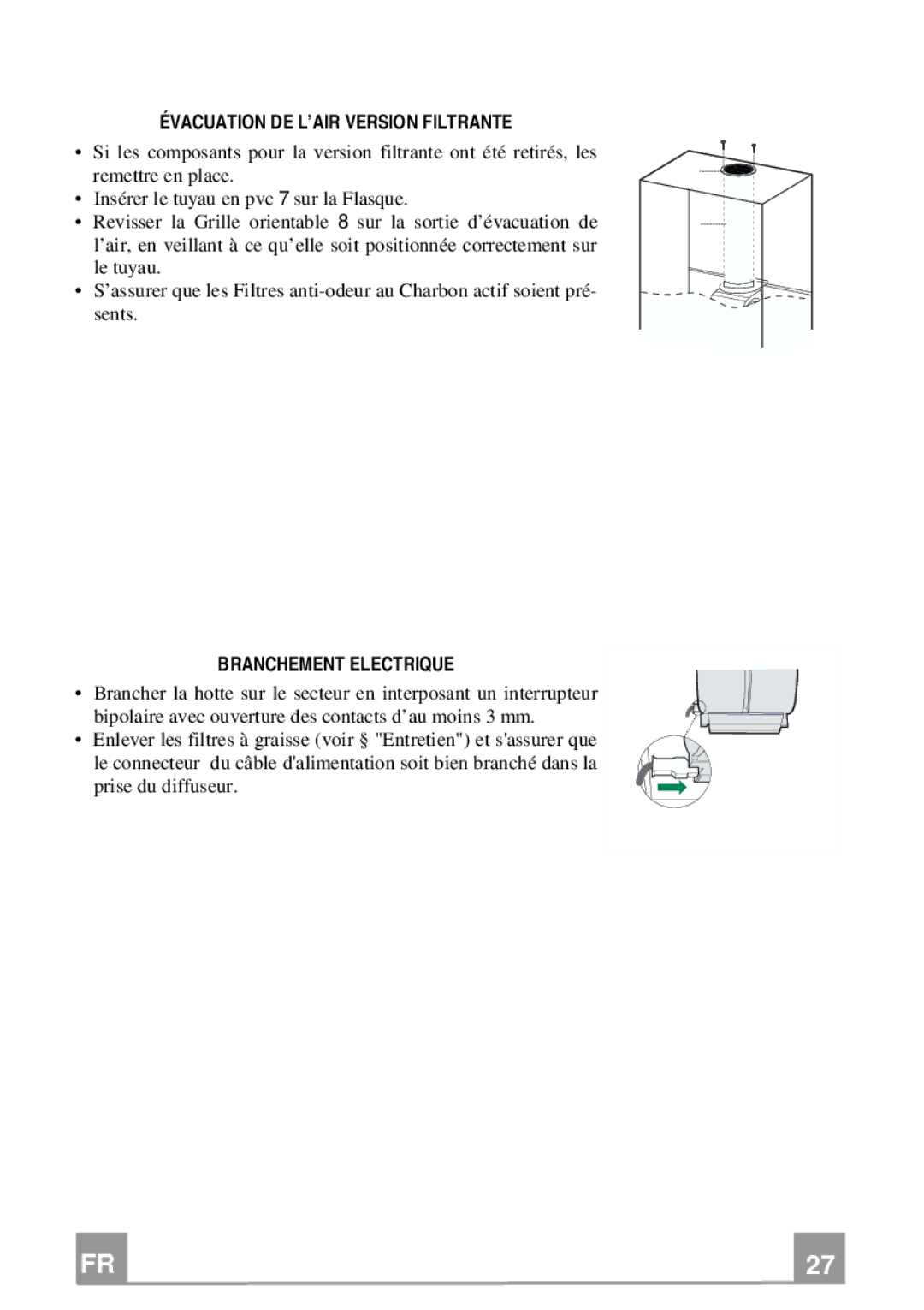 Franke Consumer Products FCR 708-H TC manual Évacuation DE L’AIR Version Filtrante, Branchement Electrique 