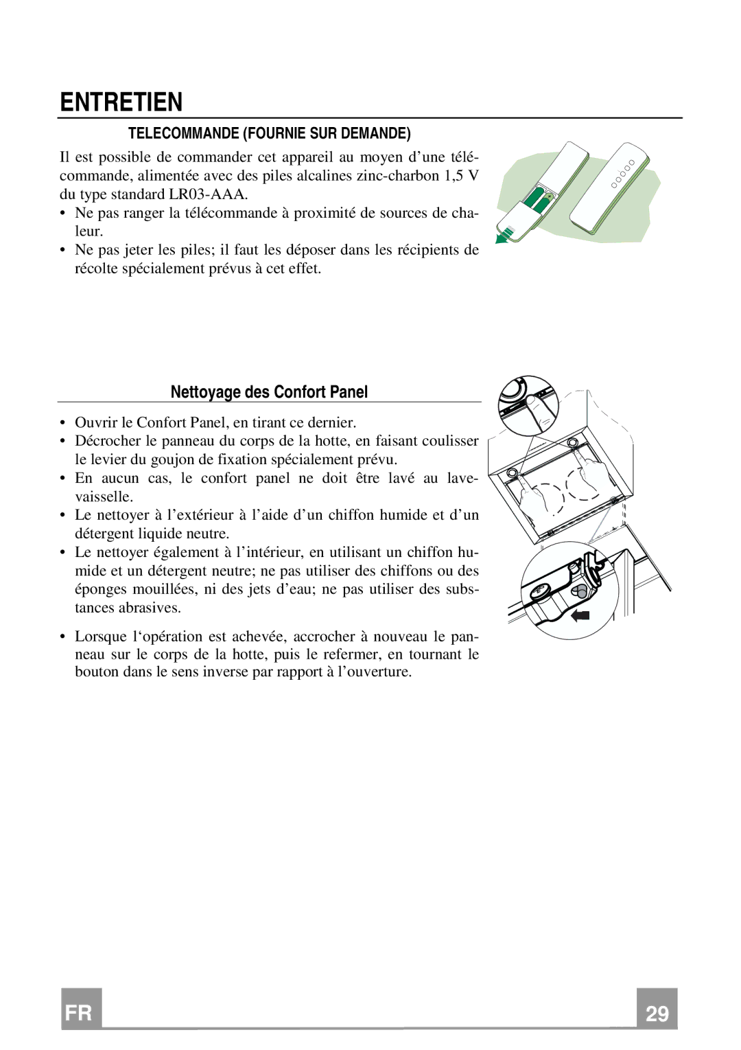 Franke Consumer Products FCR 708-H TC manual Entretien, Nettoyage des Confort Panel, Telecommande Fournie SUR Demande 