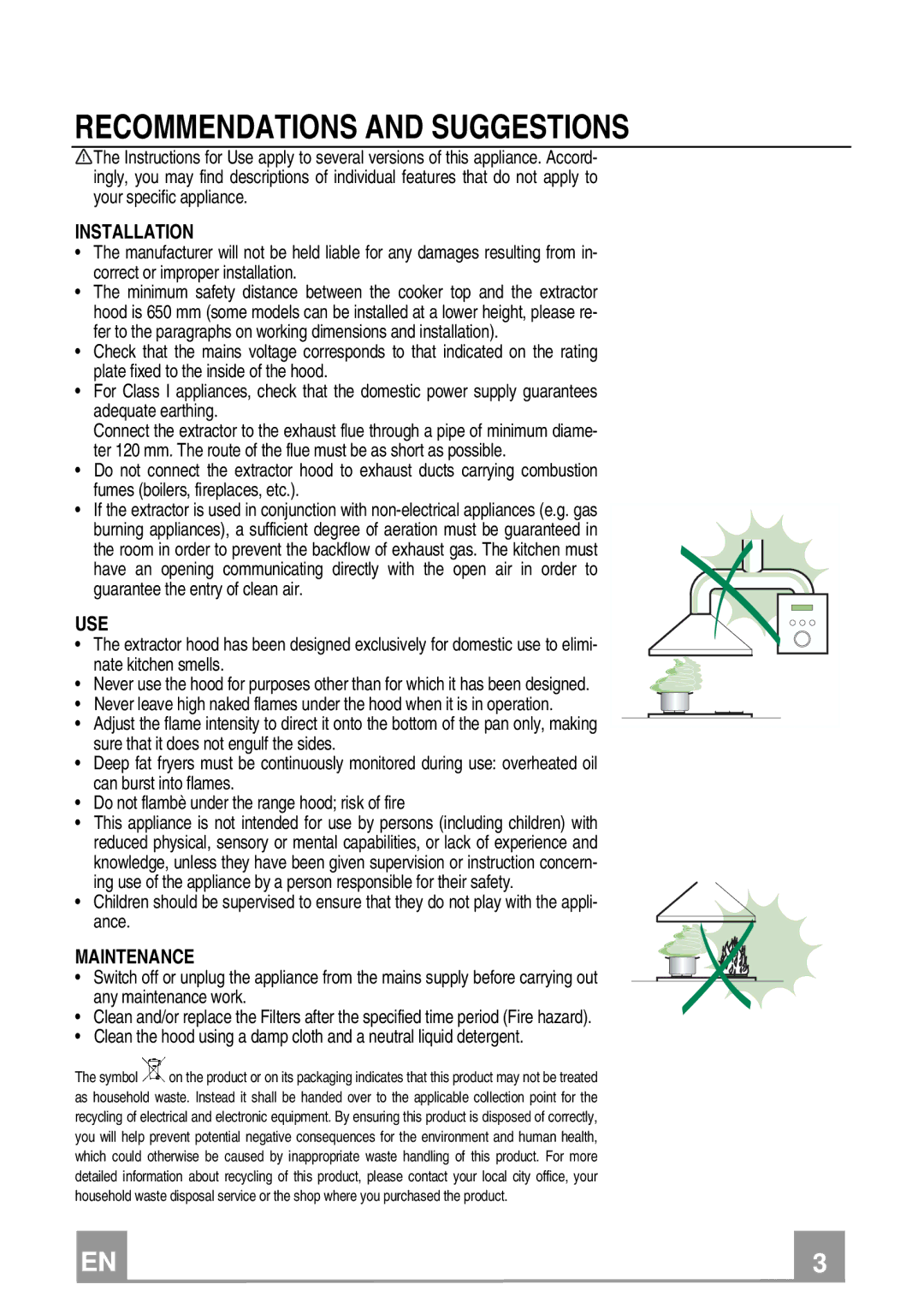 Franke Consumer Products FCR 708-H TC manual Recommendations and Suggestions, Installation, Use, Maintenance 