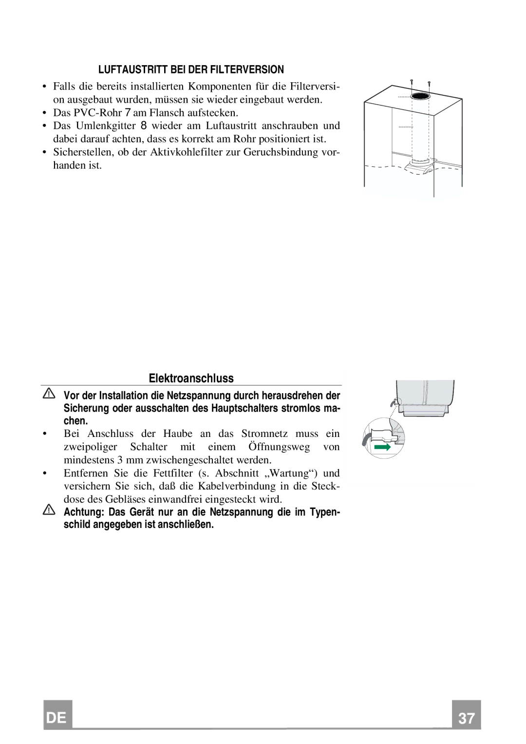 Franke Consumer Products FCR 708-H TC manual Elektroanschluss, Luftaustritt BEI DER Filterversion 