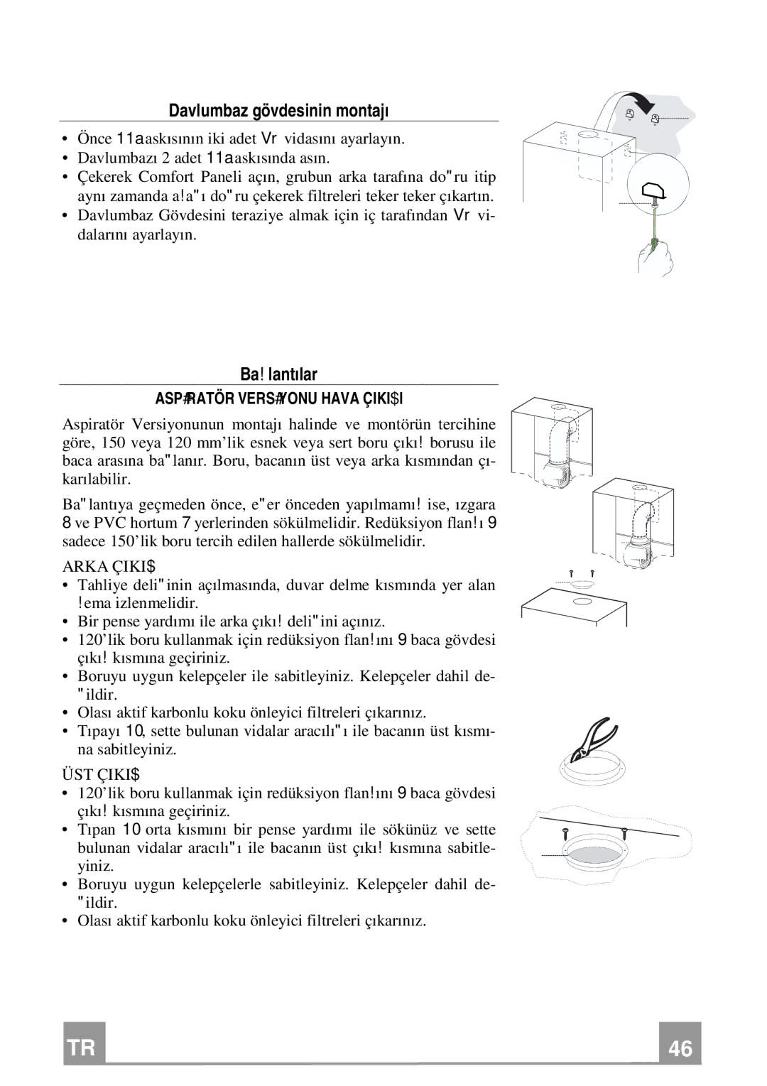 Franke Consumer Products FCR 708-H TC manual Davlumbaz gövdesinin montajı, Bağlantılar, Aspİratör Versİyonu Hava Çikişi 