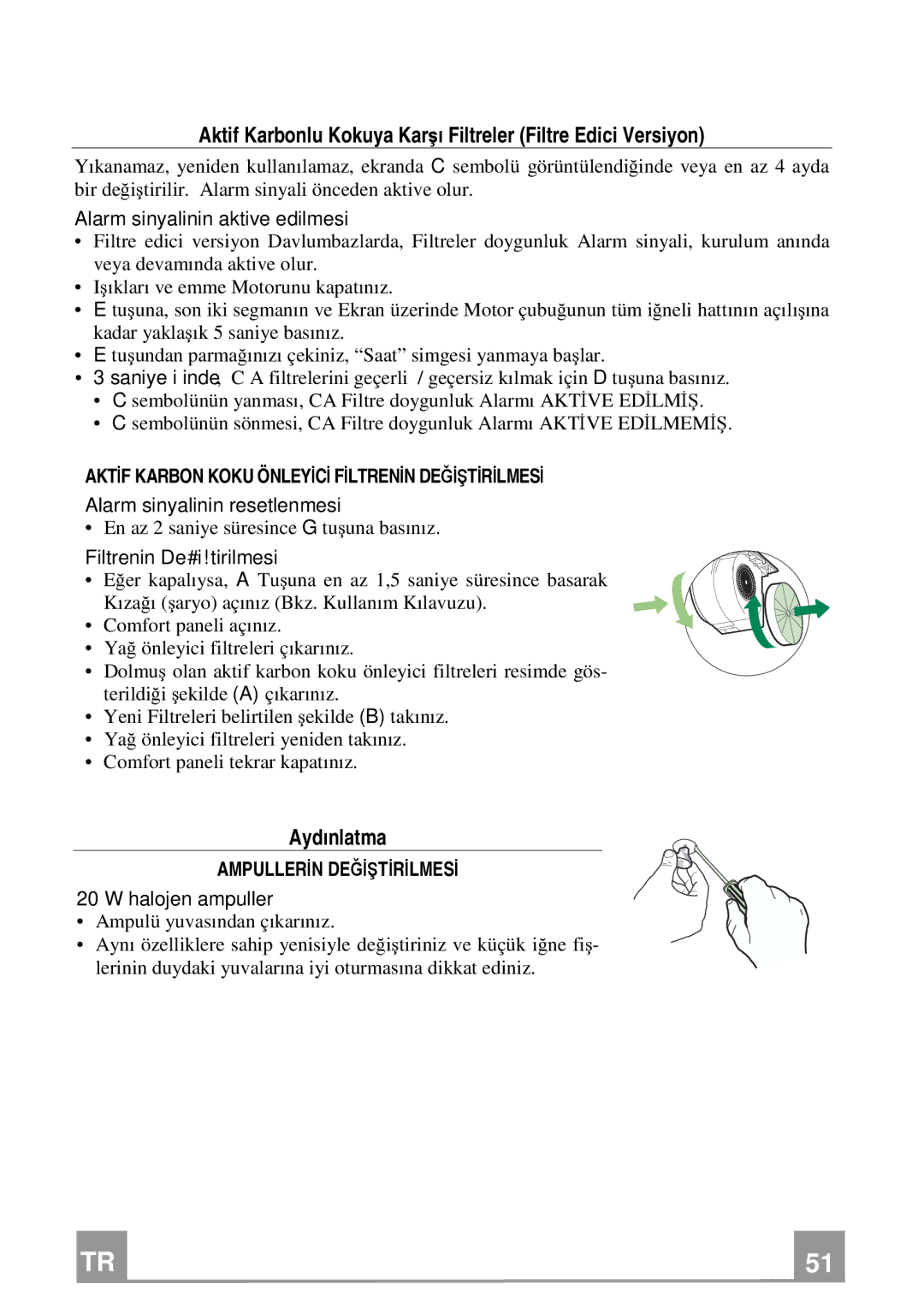 Franke Consumer Products FCR 708-H TC manual Aktif Karbonlu Kokuya Karşı Filtreler Filtre Edici Versiyon, Aydınlatma 