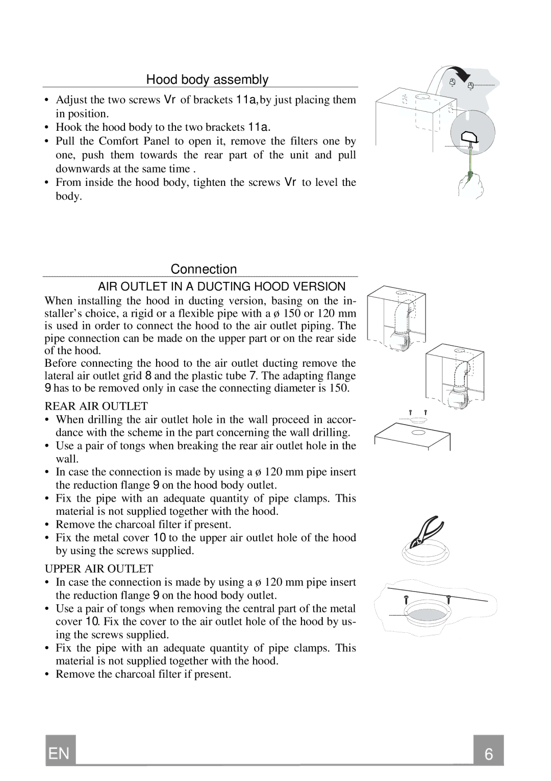 Franke Consumer Products FCR 708-H TC manual Hood body assembly, Connection, AIR Outlet in a Ducting Hood Version 