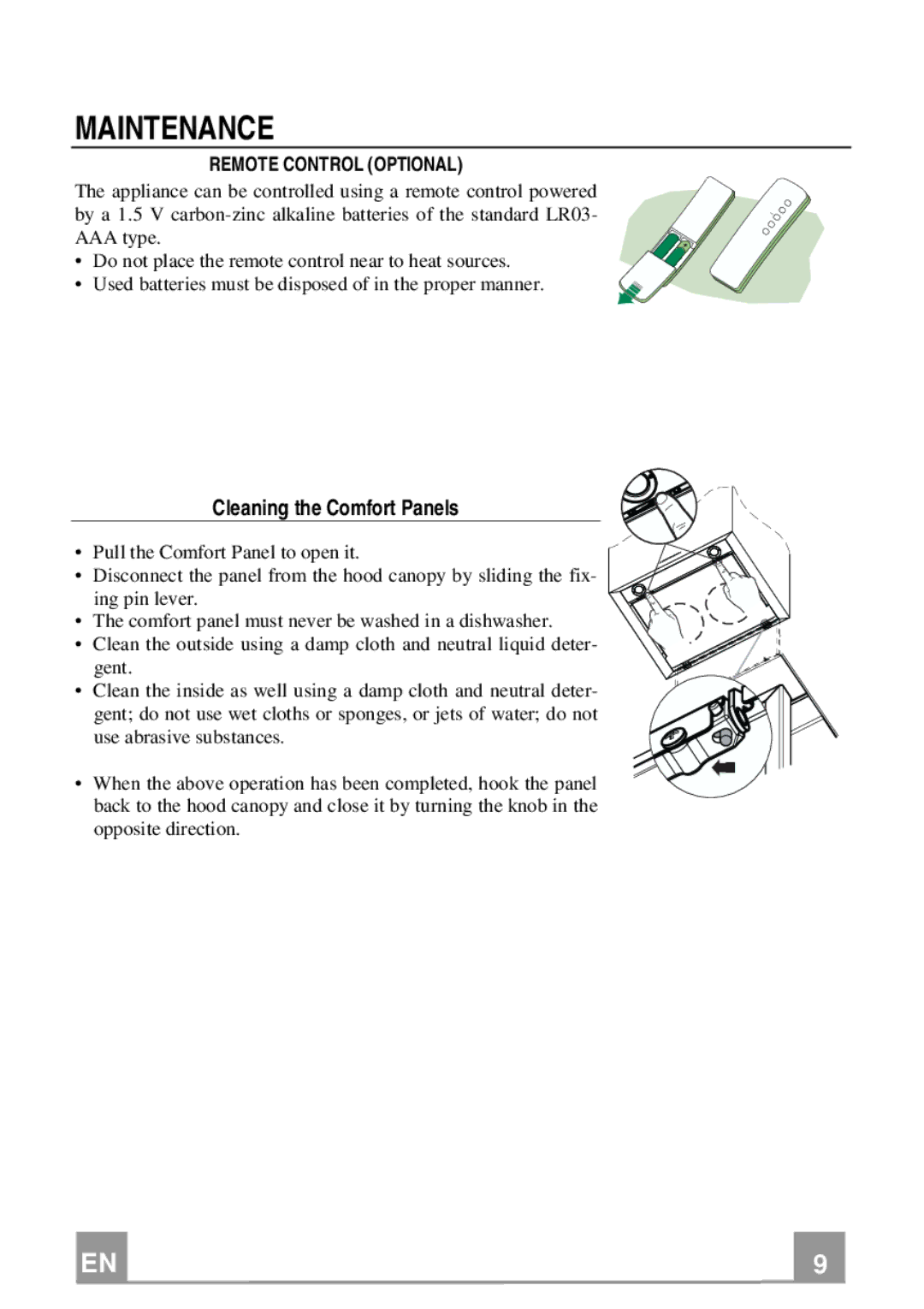 Franke Consumer Products FCR 708-H TC manual Maintenance, Cleaning the Comfort Panels, Remote Control Optional 