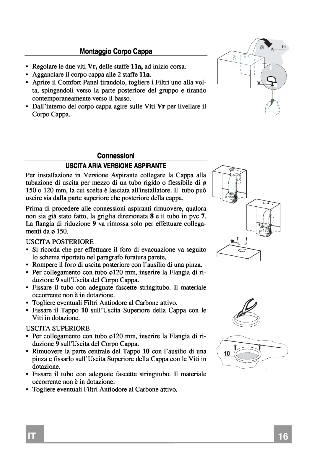 Franke Consumer Products FCR 708-H TC manual Montaggio Corpo Cappa, Connessioni, Uscita Aria Versione Aspirante 