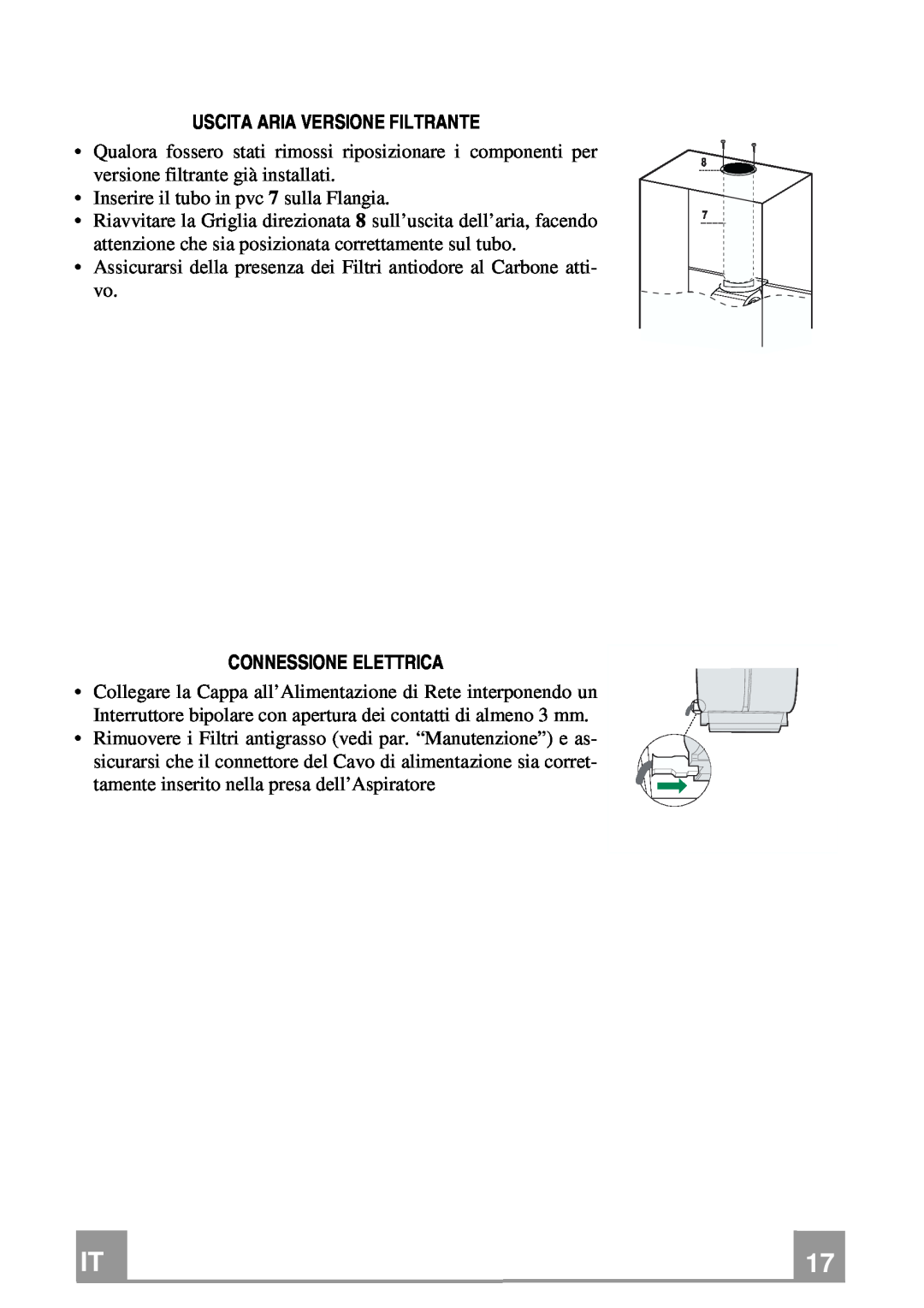 Franke Consumer Products FCR 708-H TC manual Uscita Aria Versione Filtrante, Connessione Elettrica 