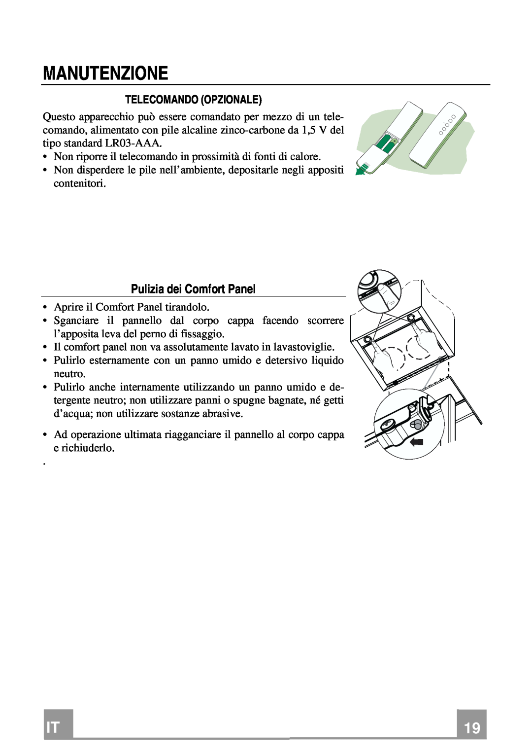 Franke Consumer Products FCR 708-H TC manual Manutenzione, Pulizia dei Comfort Panel, Telecomando Opzionale 
