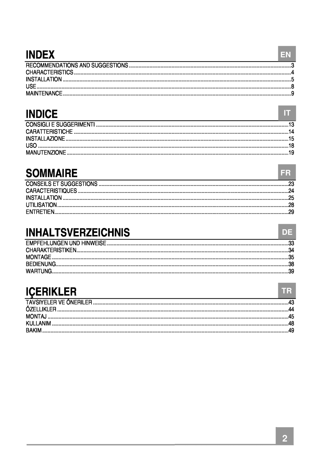 Franke Consumer Products FCR 708-H TC manual Index, Indice, Sommaire, Inhaltsverzeichnis, Içerikler 