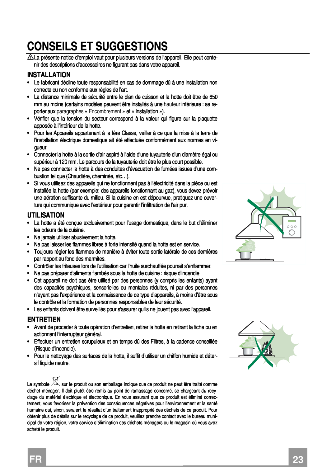 Franke Consumer Products FCR 708-H TC manual Conseils Et Suggestions, Utilisation, Entretien, Installation 