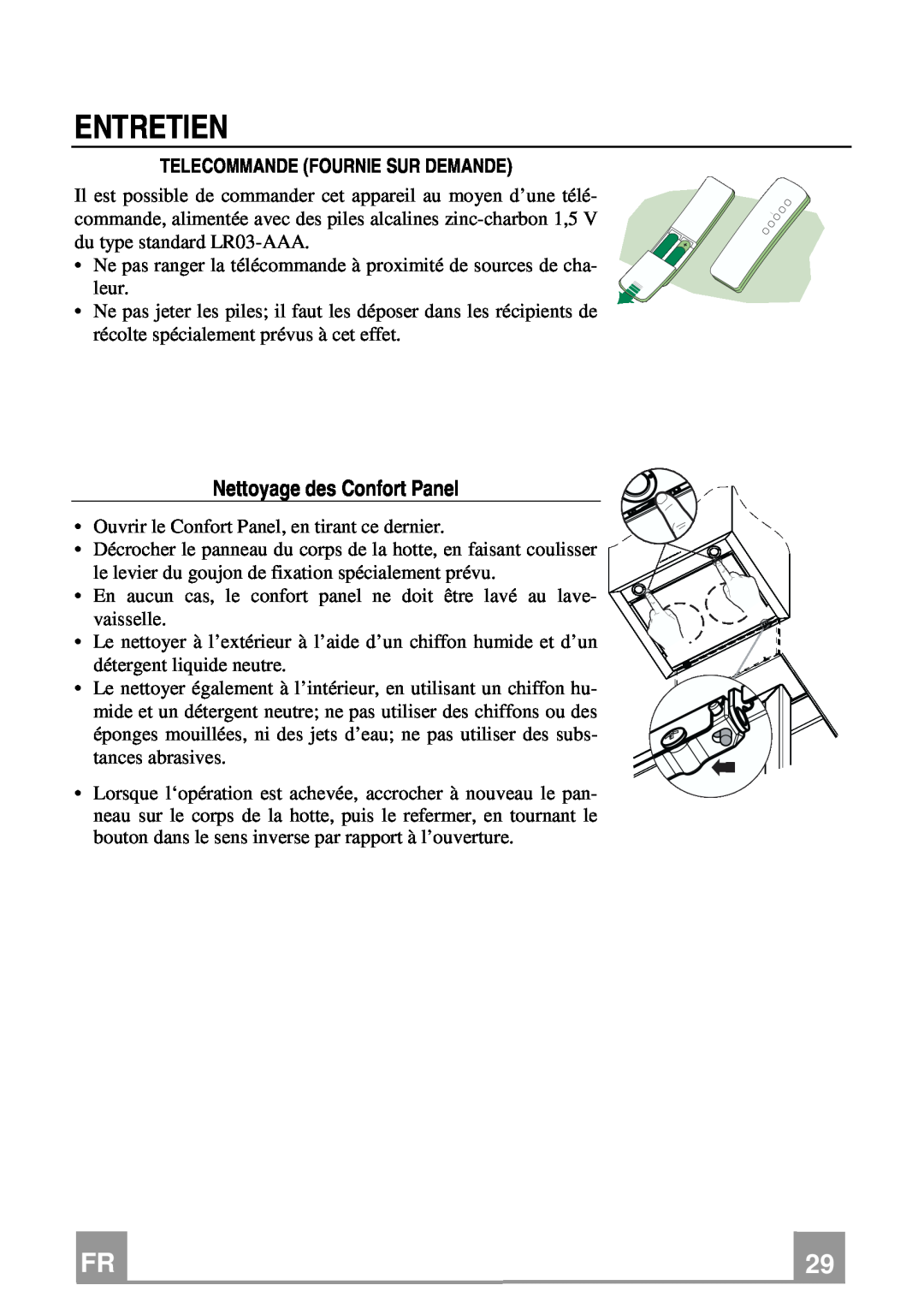 Franke Consumer Products FCR 708-H TC manual Entretien, Nettoyage des Confort Panel, Telecommande Fournie Sur Demande 