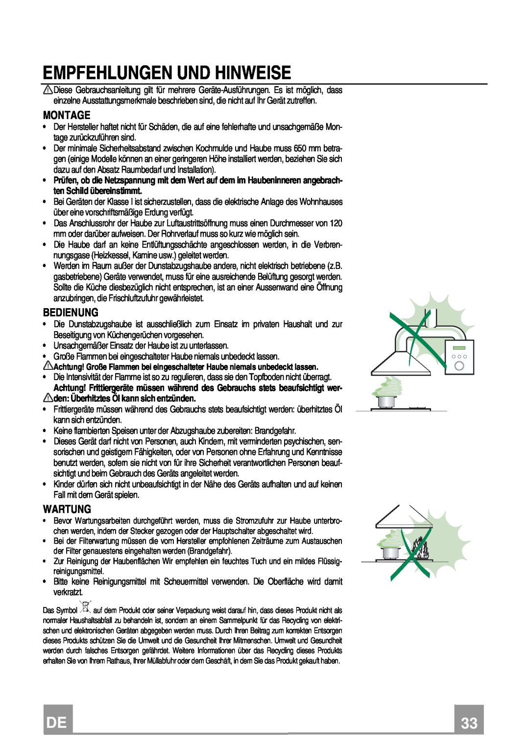 Franke Consumer Products FCR 708-H TC manual Empfehlungen Und Hinweise, Montage, Bedienung, Wartung 
