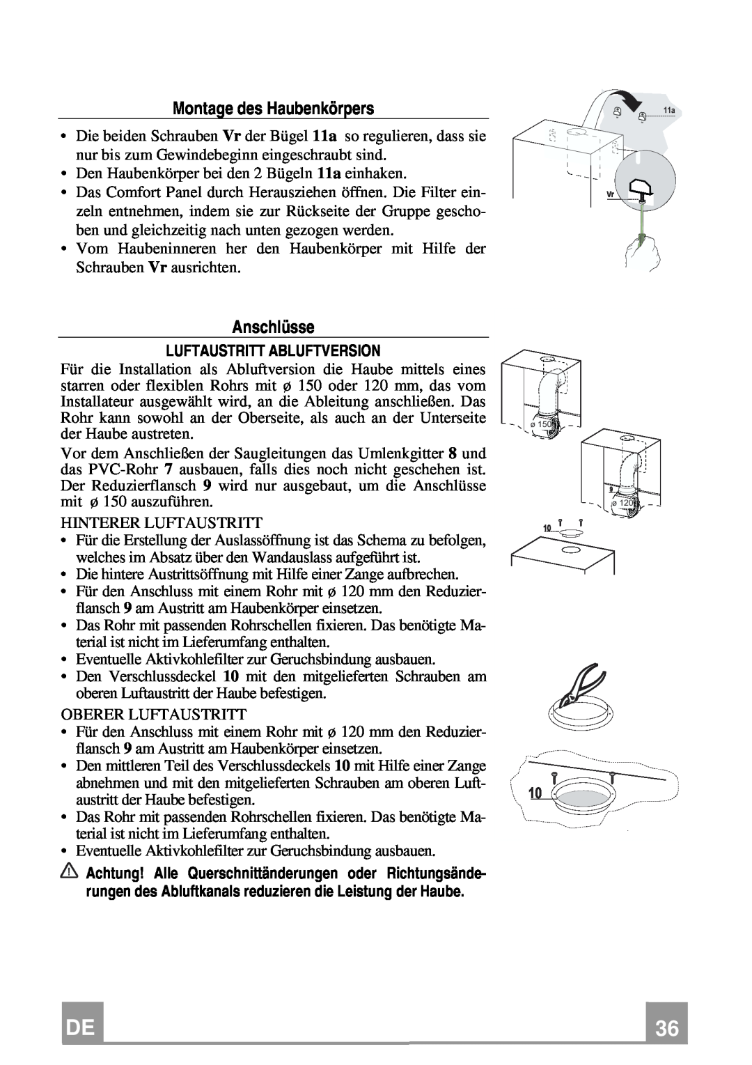 Franke Consumer Products FCR 708-H TC manual Montage des Haubenkörpers, Anschlüsse, Luftaustritt Abluftversion 