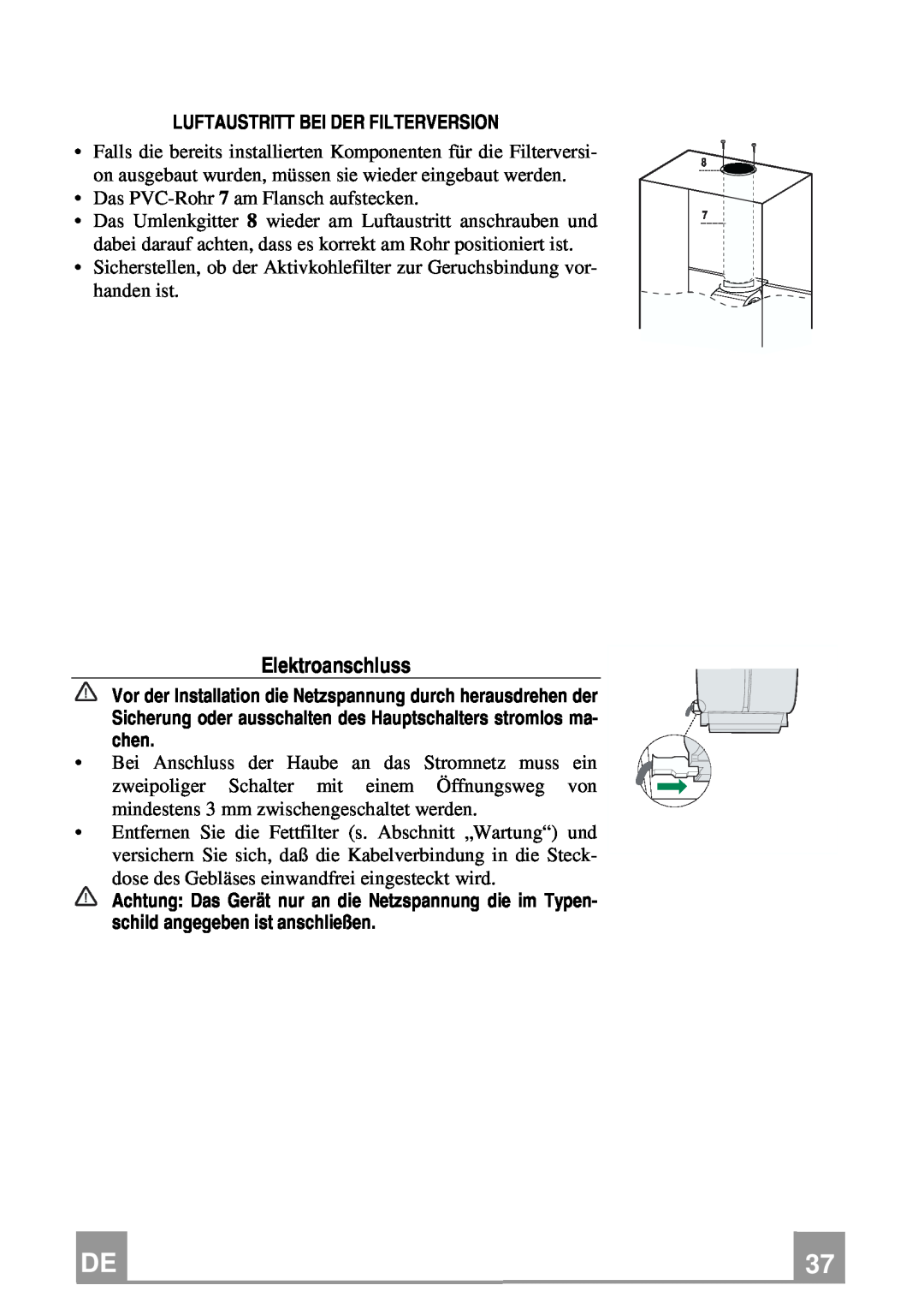 Franke Consumer Products FCR 708-H TC manual Elektroanschluss, Luftaustritt Bei Der Filterversion 