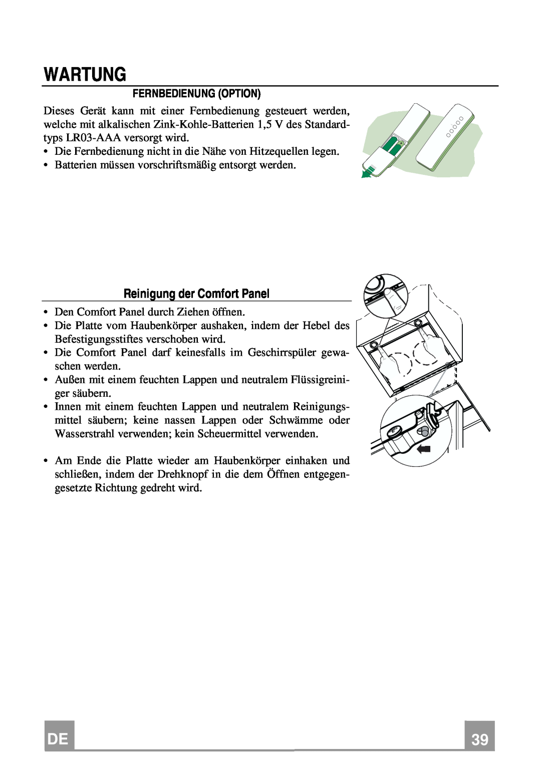 Franke Consumer Products FCR 708-H TC manual Wartung, Reinigung der Comfort Panel, Fernbedienung Option 