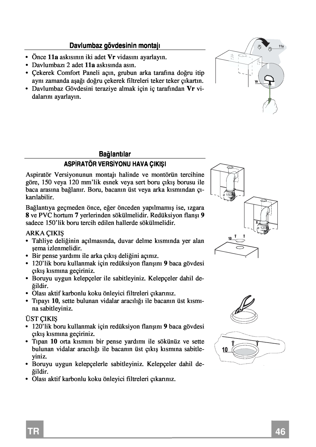 Franke Consumer Products FCR 708-H TC manual Davlumbaz gövdesinin montajı, Bağlantılar, Aspiratör Versiyonu Hava Çikişi 