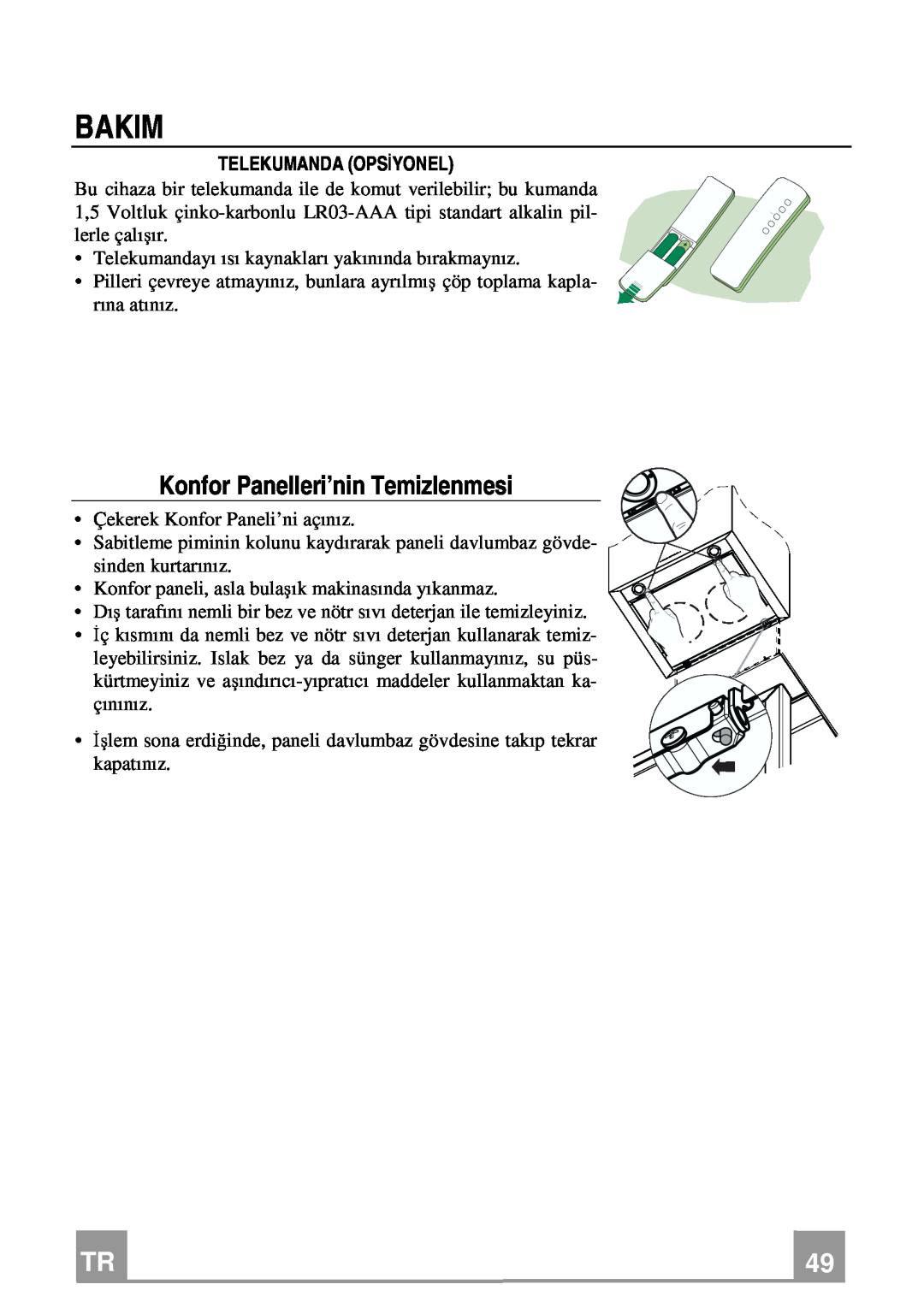 Franke Consumer Products FCR 708-H TC manual Bakim, Konfor Panelleri’nin Temizlenmesi, Telekumanda Opsiyonel 