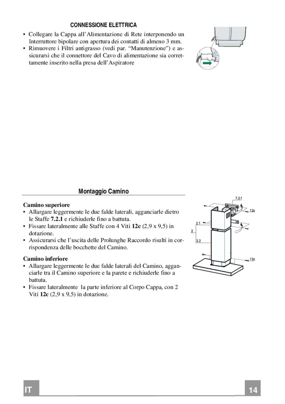 Franke Consumer Products FCR 903 manual Montaggio Camino, Connessione Elettrica, Camino superiore, Camino inferiore 