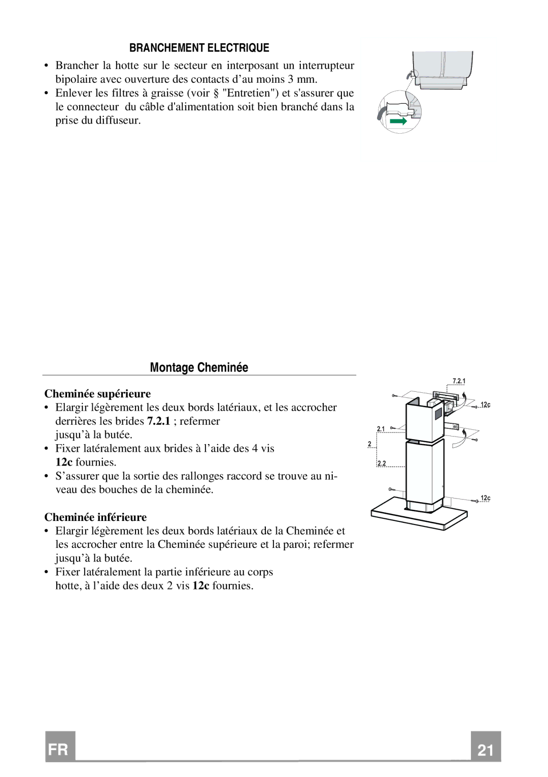 Franke Consumer Products FCR 903 manual Montage Cheminée, Branchement Electrique, Cheminée supérieure, Cheminée inférieure 