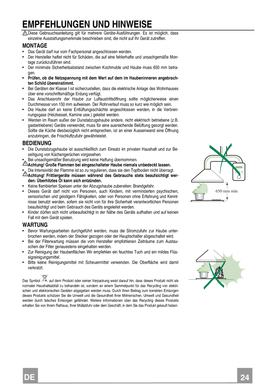 Franke Consumer Products FCR 903 manual Empfehlungen UND Hinweise, Montage, Bedienung, Wartung 