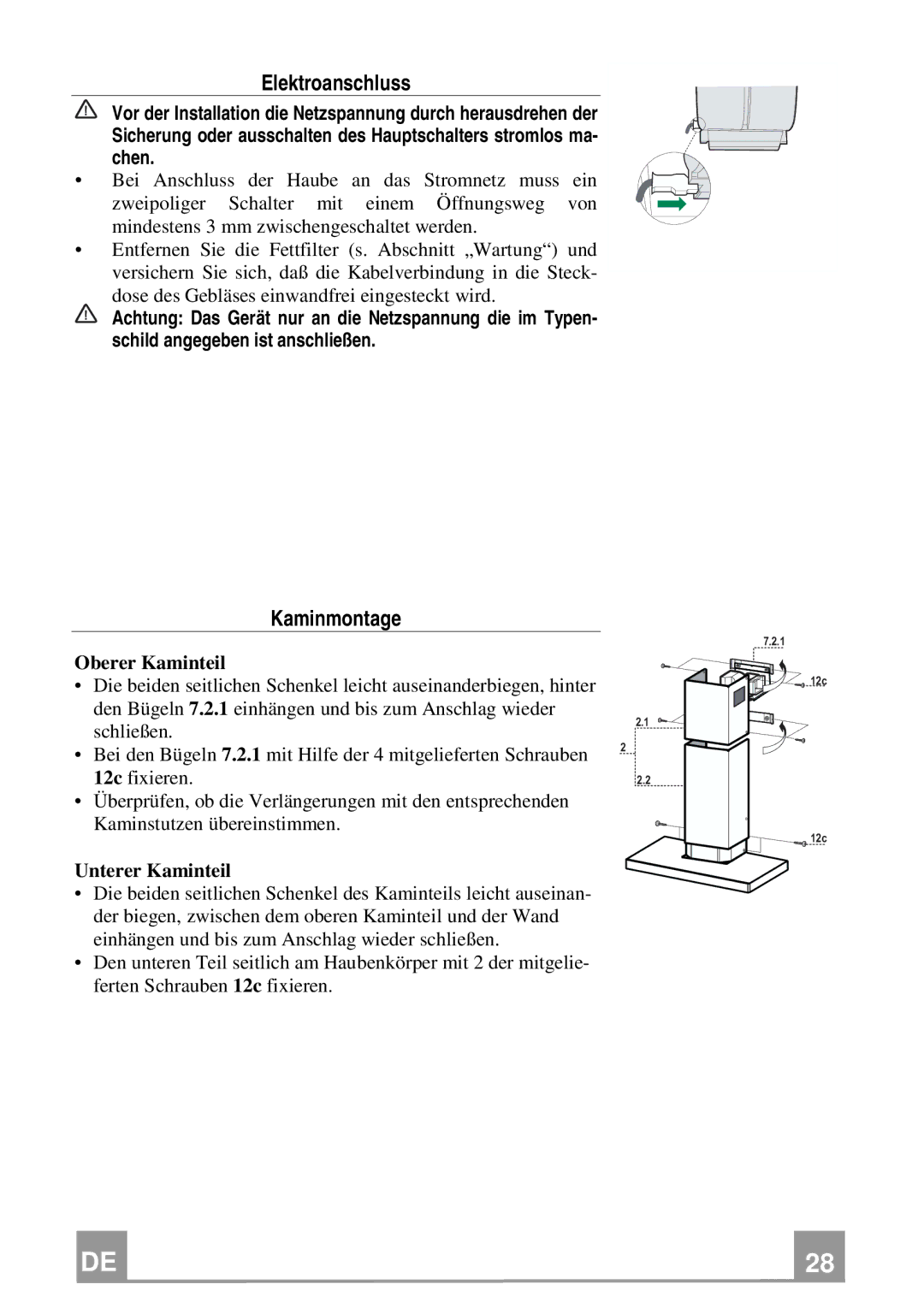 Franke Consumer Products FCR 903 manual Elektroanschluss, Kaminmontage, Oberer Kaminteil, Unterer Kaminteil 