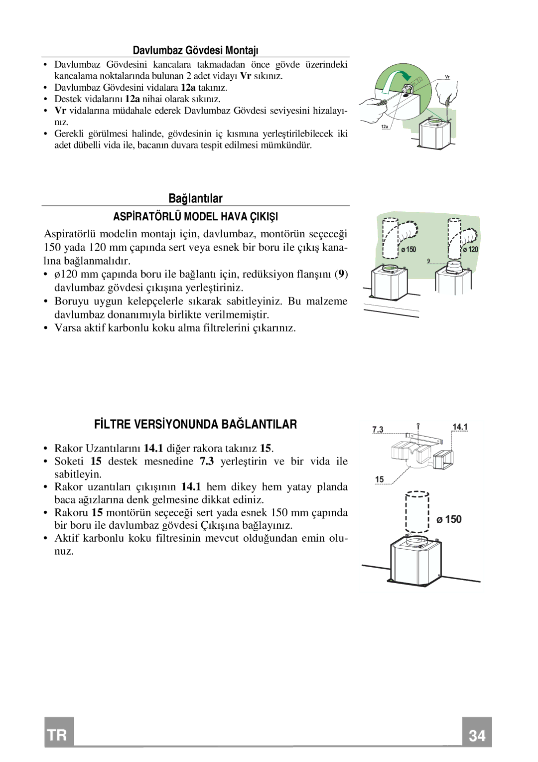 Franke Consumer Products FCR 903 manual Bağlantılar, Aspİratörlü Model Hava Çikişi 