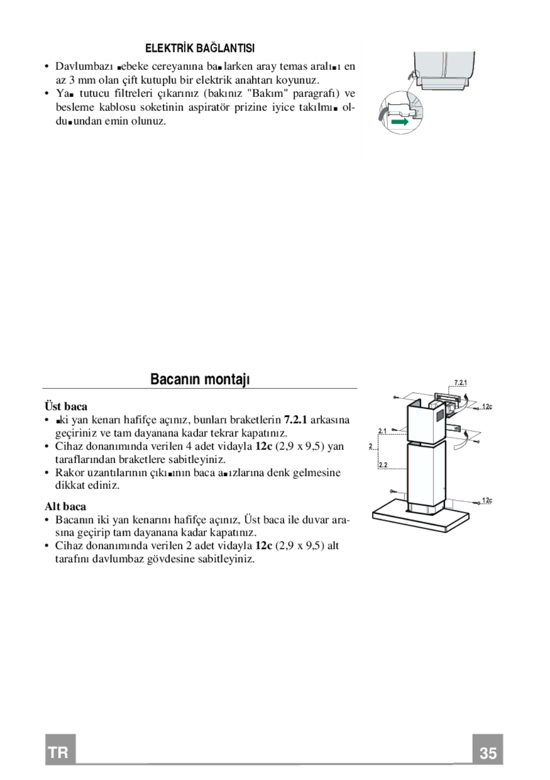 Franke Consumer Products FCR 903 manual Elektrİk Bağlantisi, Üst baca, Alt baca 