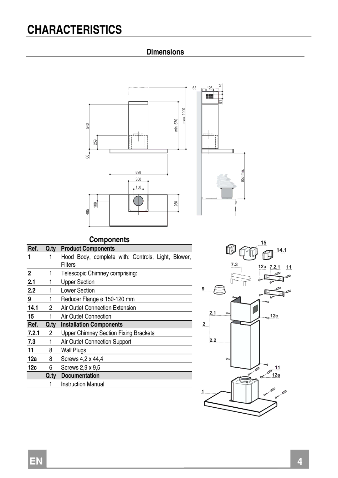 Franke Consumer Products FCR 903 manual Characteristics, Dimensions, Components 