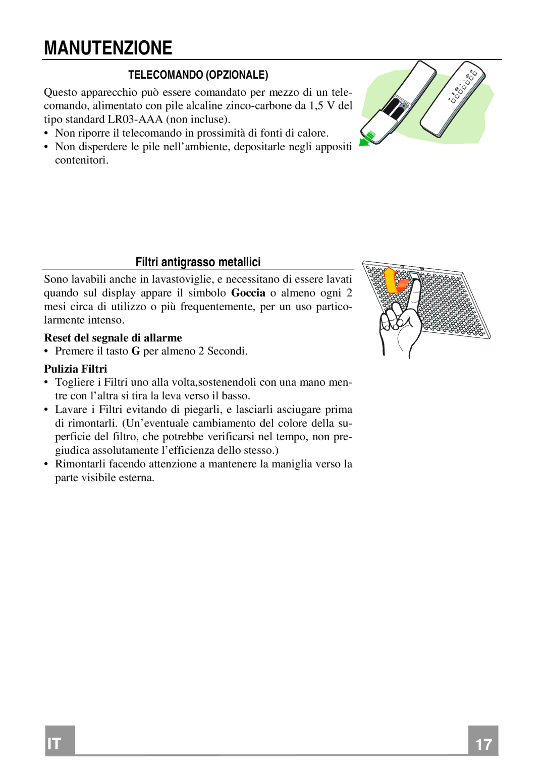 Franke Consumer Products FCR 908 TC manual Manutenzione, Filtri antigrasso metallici, Telecomando Opzionale, Pulizia Filtri 