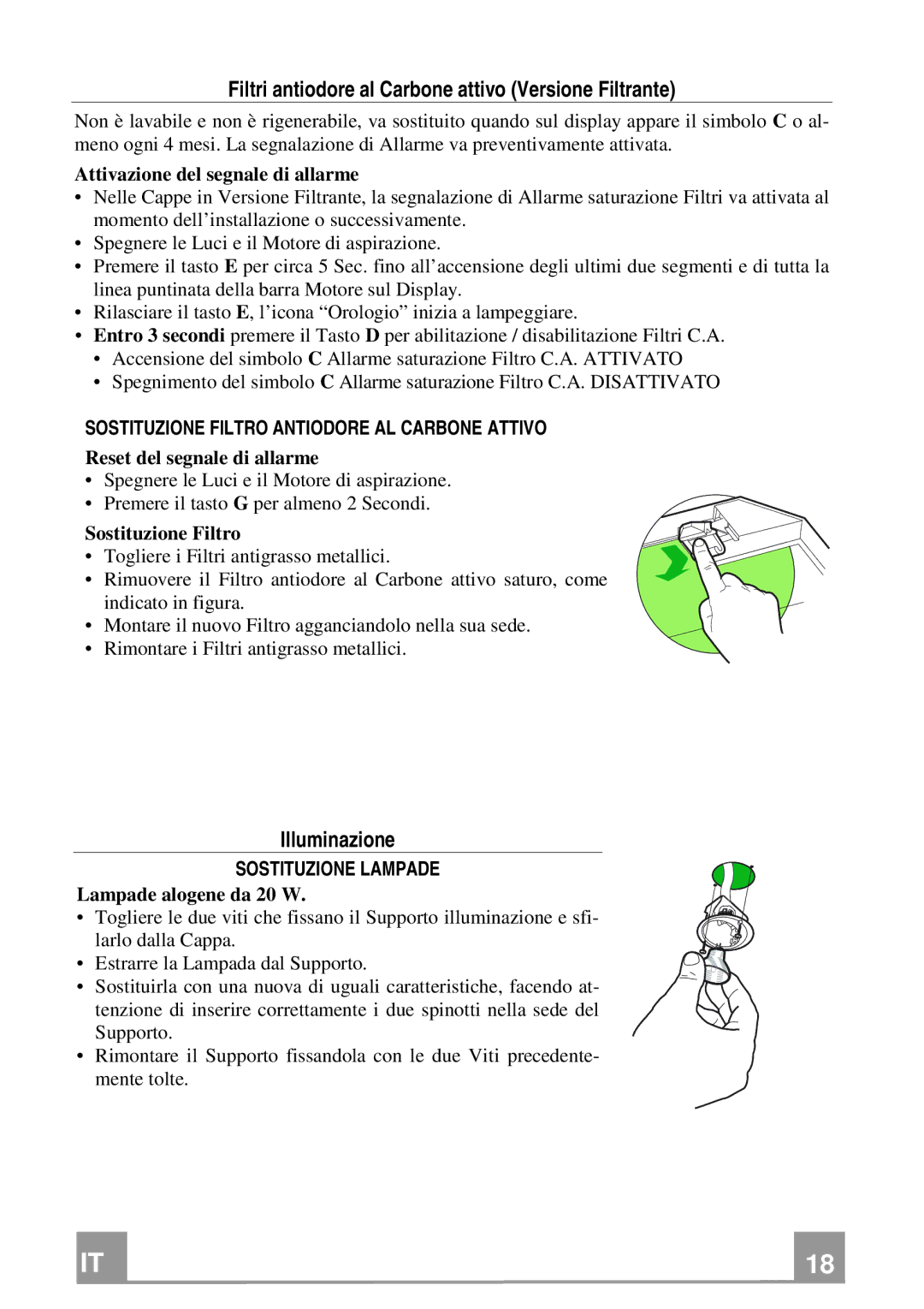 Franke Consumer Products FCR 908 TC manual Filtri antiodore al Carbone attivo Versione Filtrante, Illuminazione 