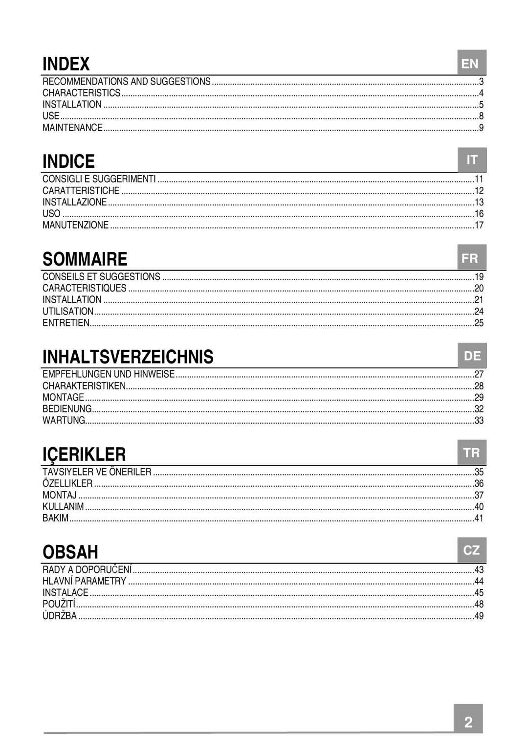 Franke Consumer Products FCR 908 TC manual Index, Indice, Sommaire, Inhaltsverzeichnis, Içerikler, Obsah 