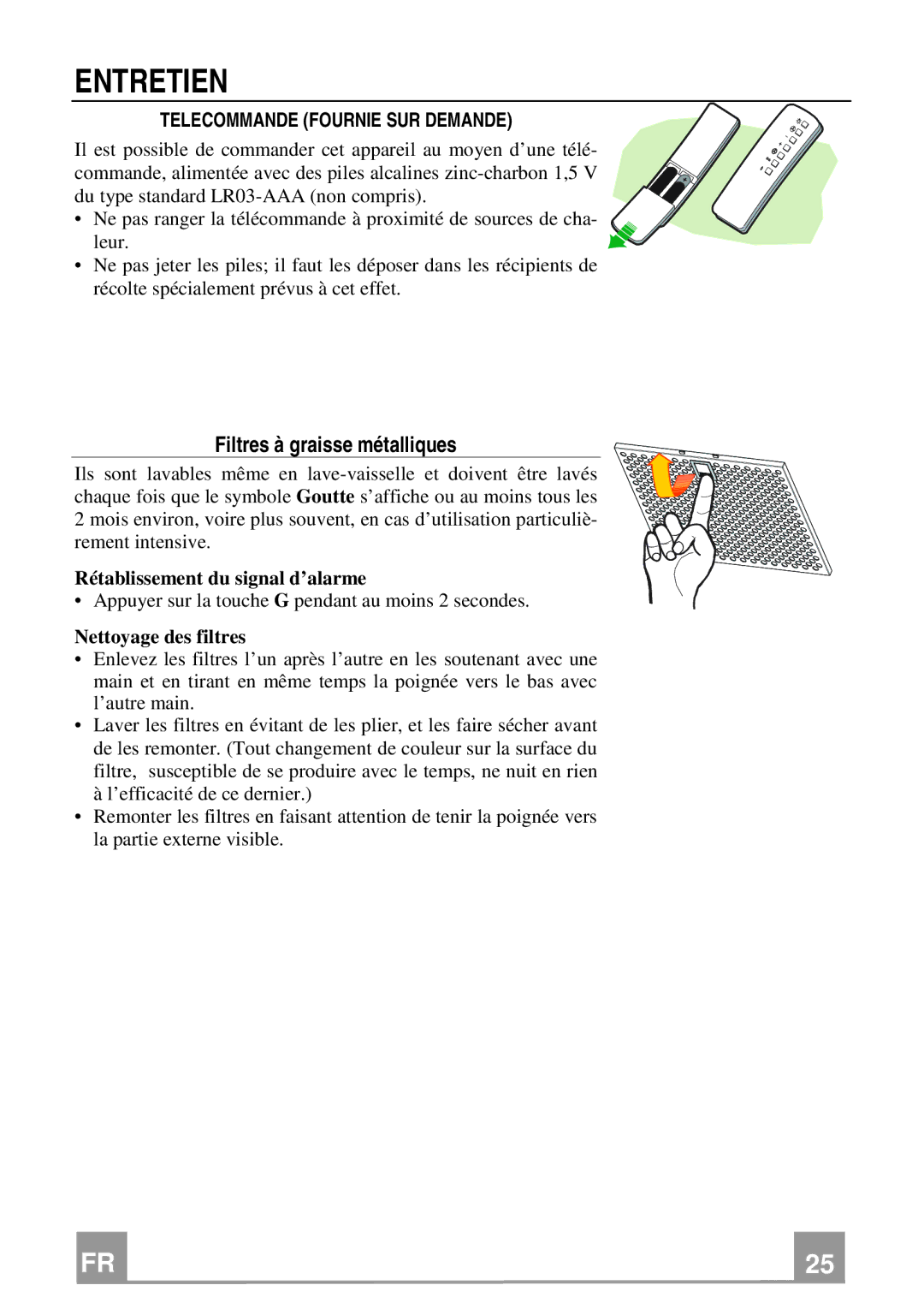 Franke Consumer Products FCR 908 TC manual Entretien, Filtres à graisse métalliques, Telecommande Fournie SUR Demande 