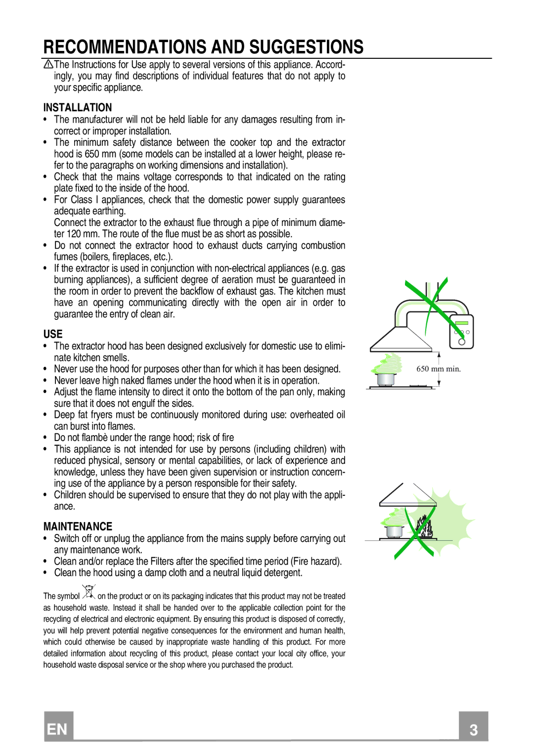 Franke Consumer Products FCR 908 TC manual Recommendations and Suggestions, Installation, Use, Maintenance 