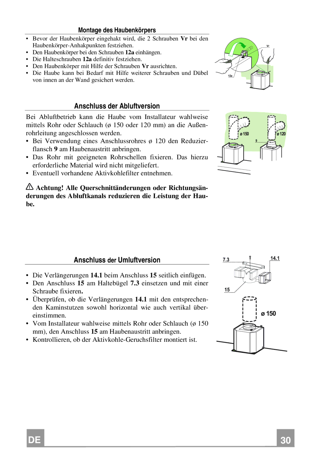 Franke Consumer Products FCR 908 TC manual Anschluss der Abluftversion, Anschluss der Umluftversion 