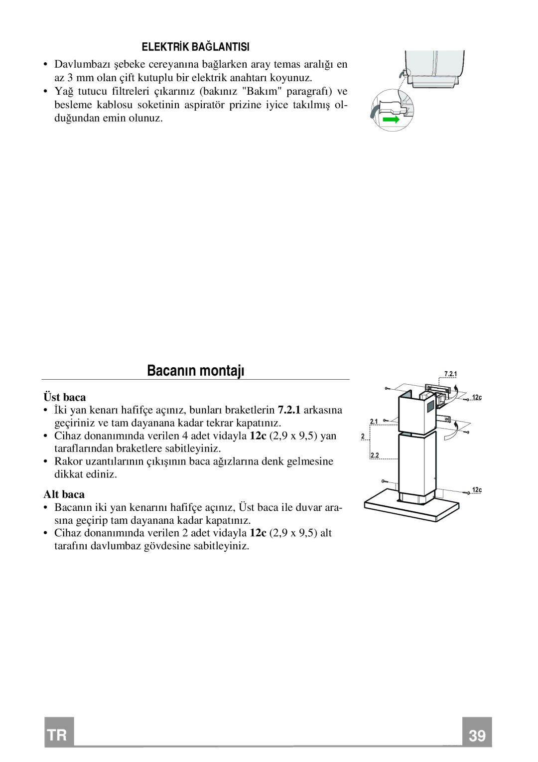 Franke Consumer Products FCR 908 TC manual Elektrİk Bağlantisi, Üst baca, Alt baca 