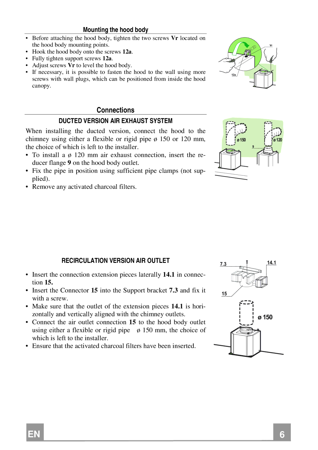 Franke Consumer Products FCR 908 TC manual Connections, Ducted Version AIR Exhaust System, Recirculation Version AIR Outlet 