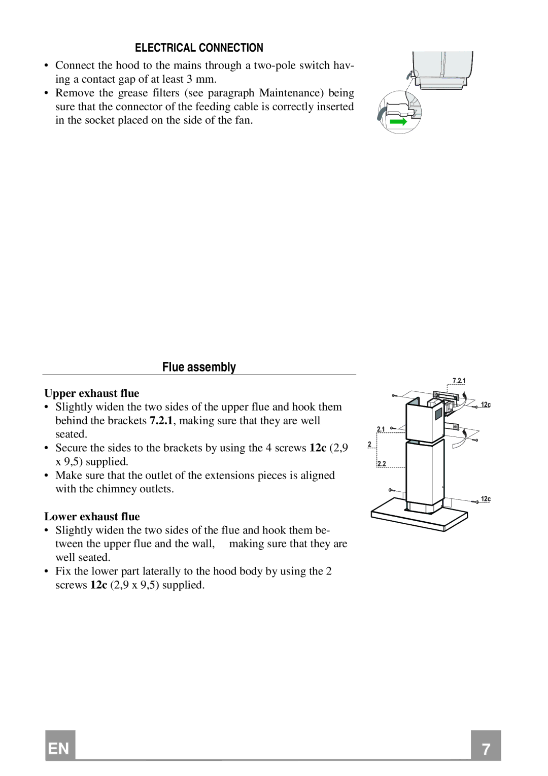 Franke Consumer Products FCR 908 TC manual Flue assembly, Electrical Connection, Upper exhaust flue, Lower exhaust flue 