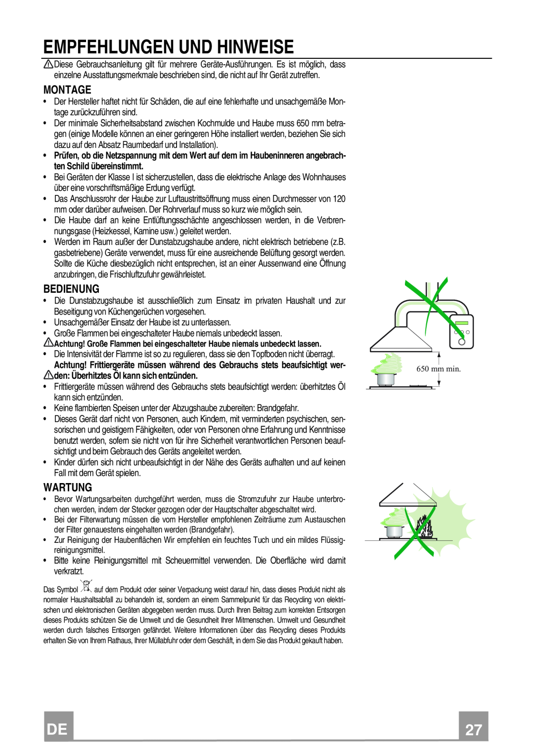 Franke Consumer Products FCR 908 TC manual Empfehlungen Und Hinweise, den Überhitztes Öl kann sich entzünden 