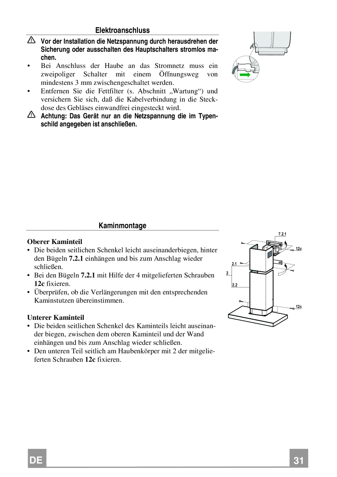 Franke Consumer Products FCR 908 TC manual Elektroanschluss, Kaminmontage, Oberer Kaminteil, Unterer Kaminteil 