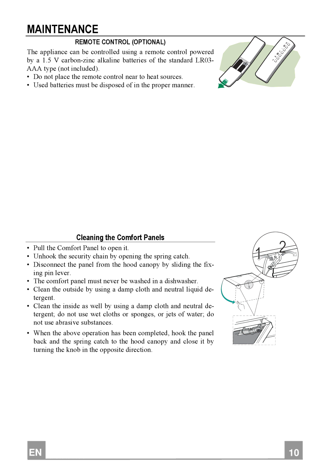 Franke Consumer Products FDB 9078 SIL-K manual Maintenance, Cleaning the Comfort Panels, Remote Control Optional 