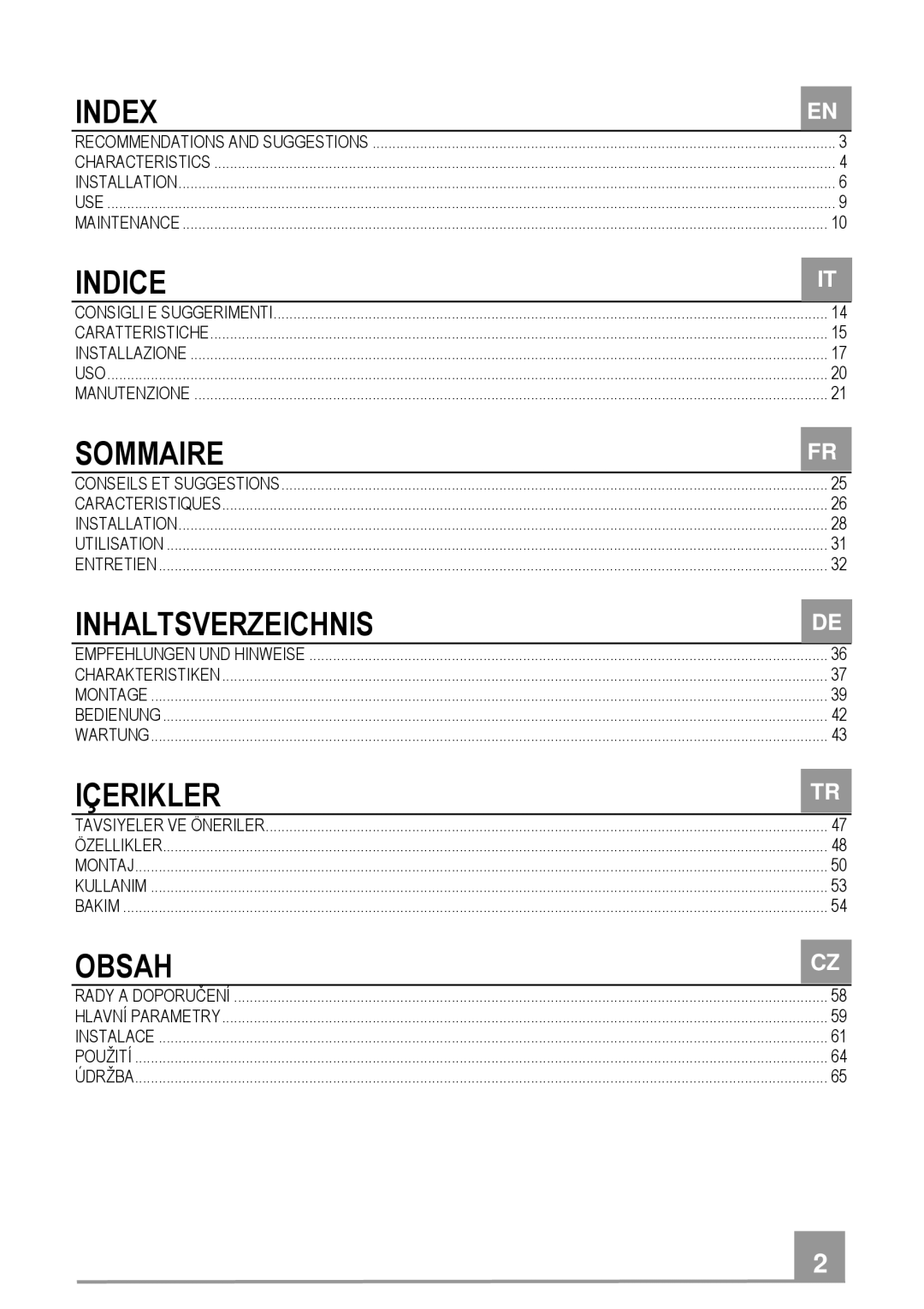 Franke Consumer Products FDB 9078 SIL-K manual Index, Indice, Sommaire, Inhaltsverzeichnis, Içerikler, Obsah 