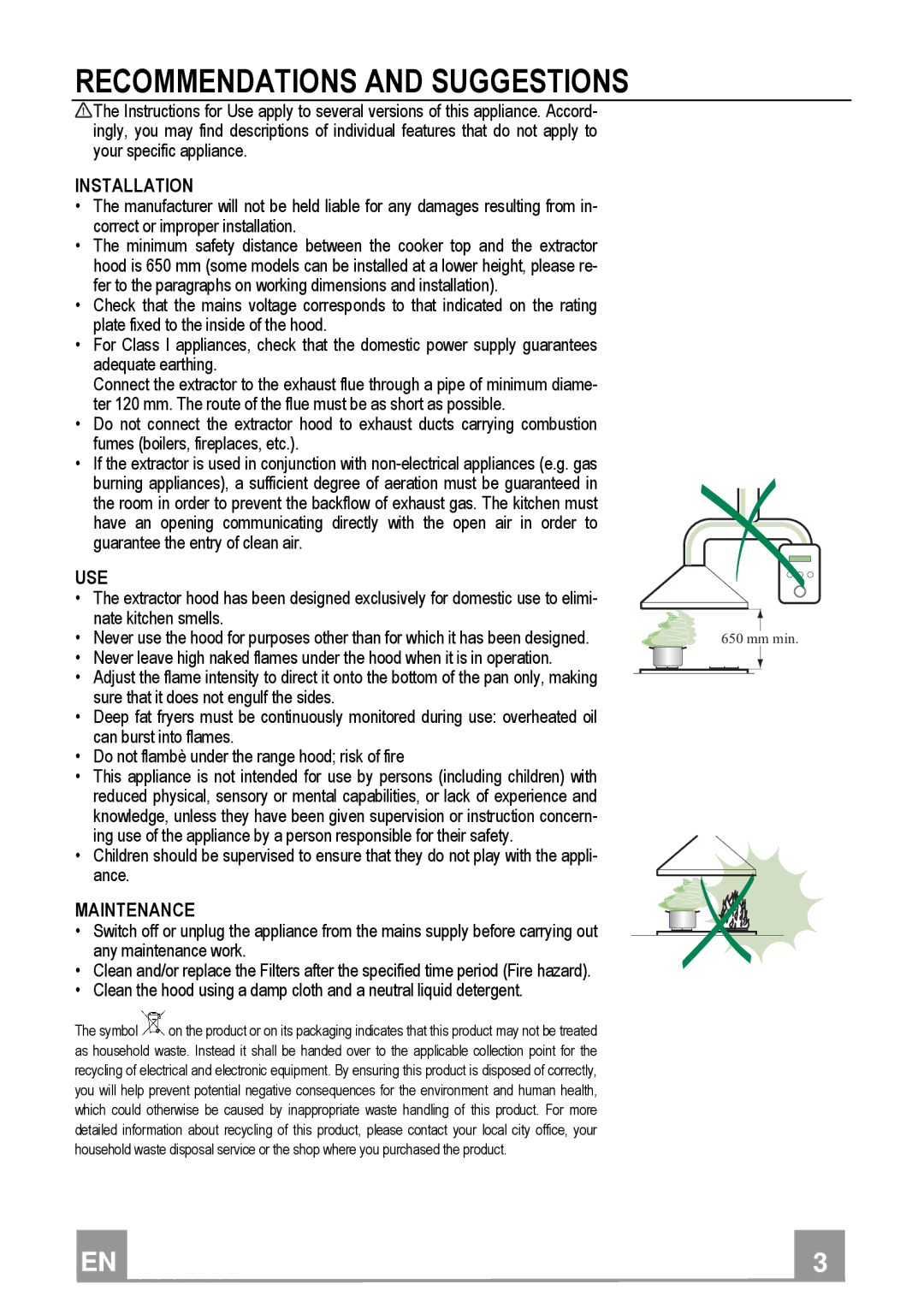 Franke Consumer Products FDB 9078 SIL-K manual Recommendations and Suggestions, Installation, Use, Maintenance 