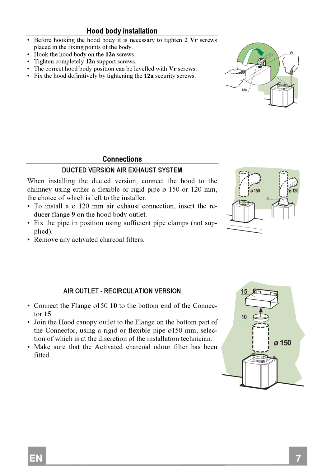 Franke Consumer Products FDB 9078 SIL-K manual Hood body installation, Connections, Ducted Version AIR Exhaust System 