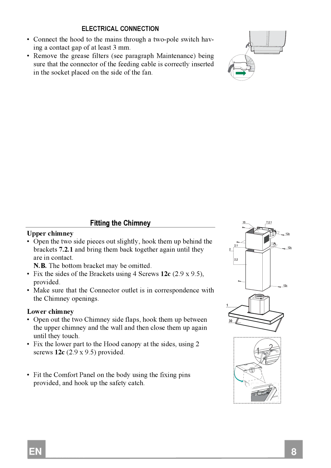 Franke Consumer Products FDB 9078 SIL-K manual Fitting the Chimney, Electrical Connection, Upper chimney, Lower chimney 