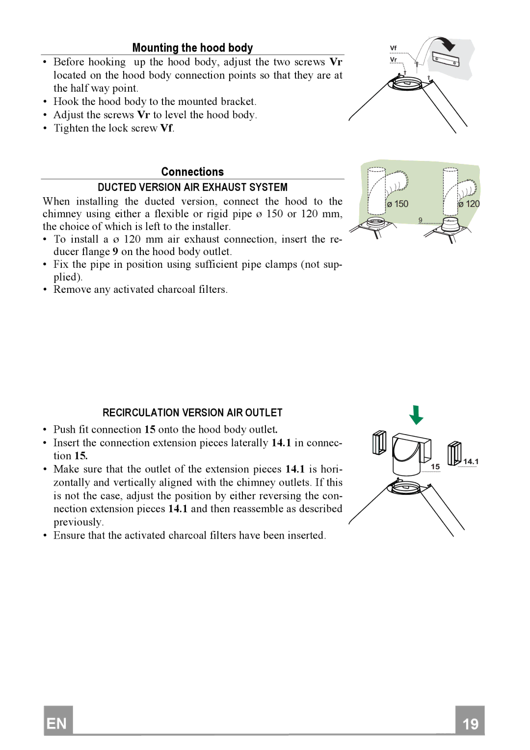 Franke Consumer Products FDC 602, FDC 902 manual Mountingthehoodbody, Connections, Recirculationversionairoutlet 