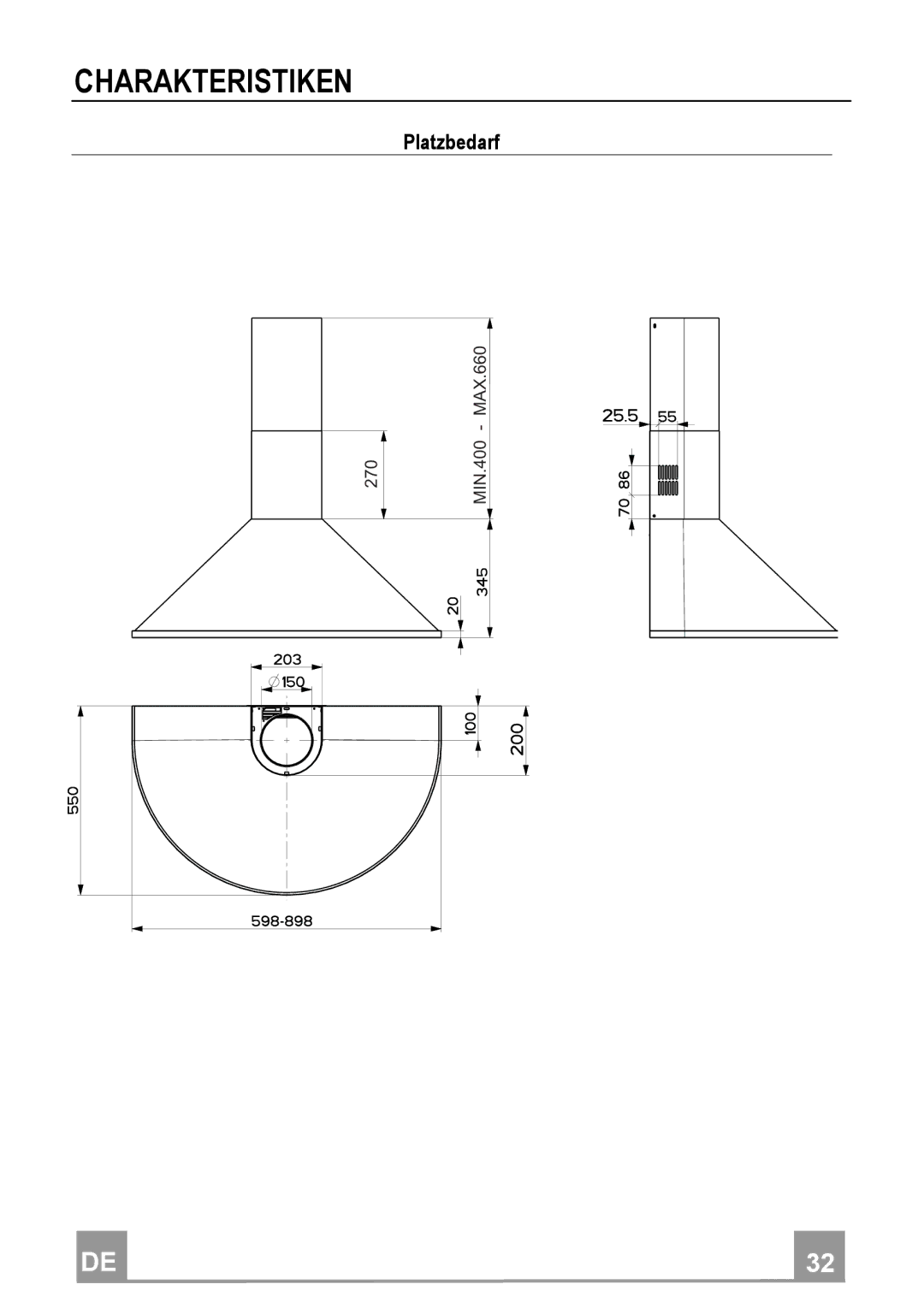 Franke Consumer Products FDC 902, FDC 602 manual Charakteristiken, Platzbedarf 