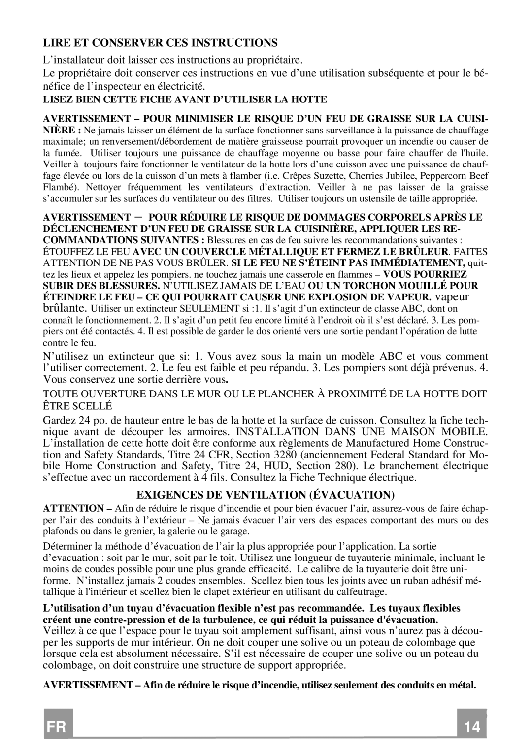 Franke Consumer Products FDF 364 W Lire ET Conserver CES Instructions, Exigences DE Ventilation Évacuation 