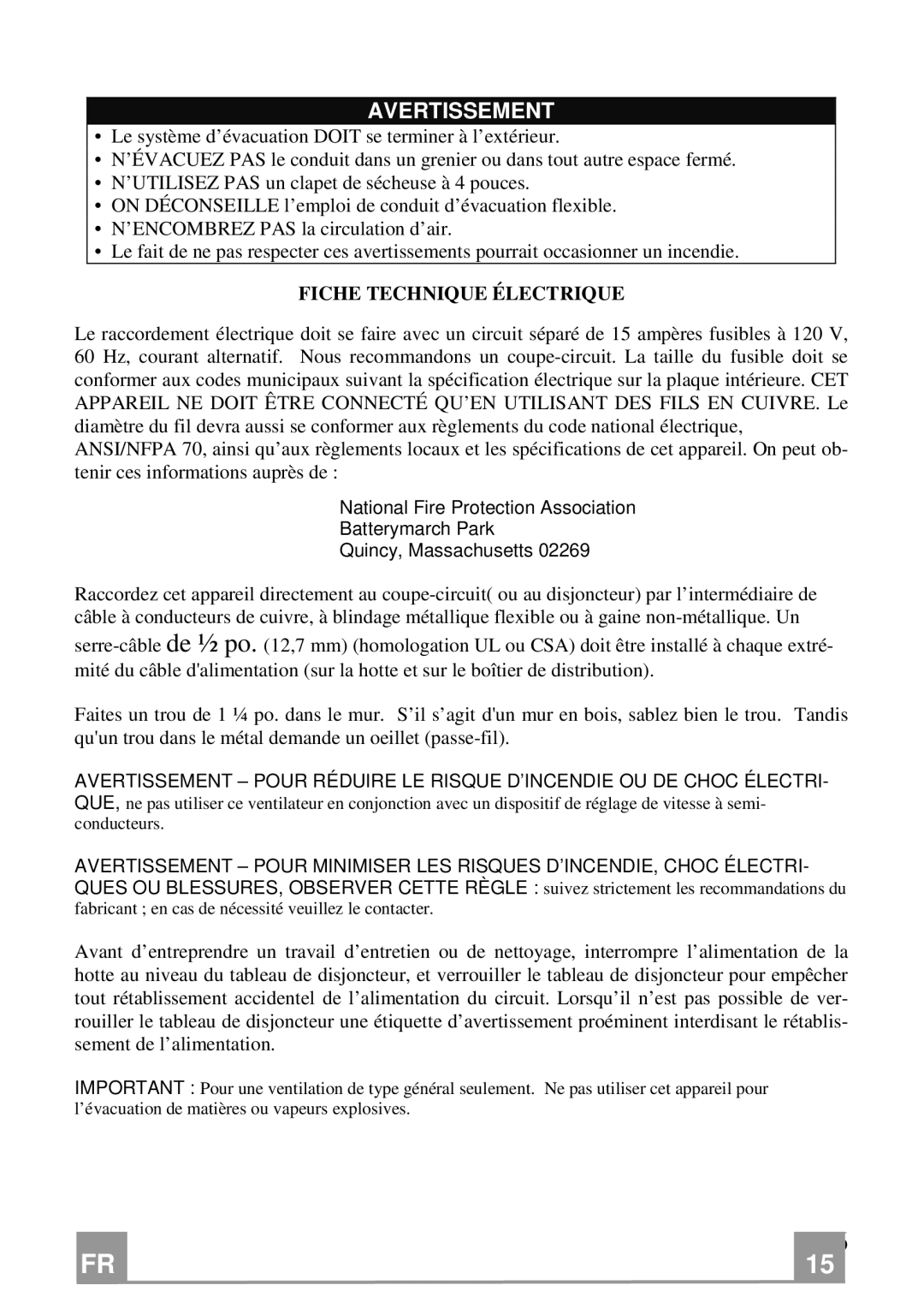 Franke Consumer Products FDF 364 W installation instructions Avertissement, Fiche Technique Électrique 